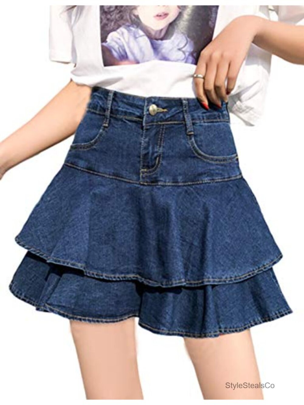 Y2K Low Rise Denim Mini Skort Built-in Shorts Ruffle Pleated A-Line Streetwear